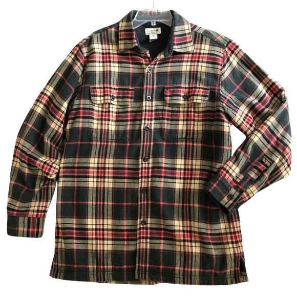 LL Bean Flannel Shacket Mens M Olive Plaid Fleece Lined Button Up Shirt Jacket - Picture 2 of 12